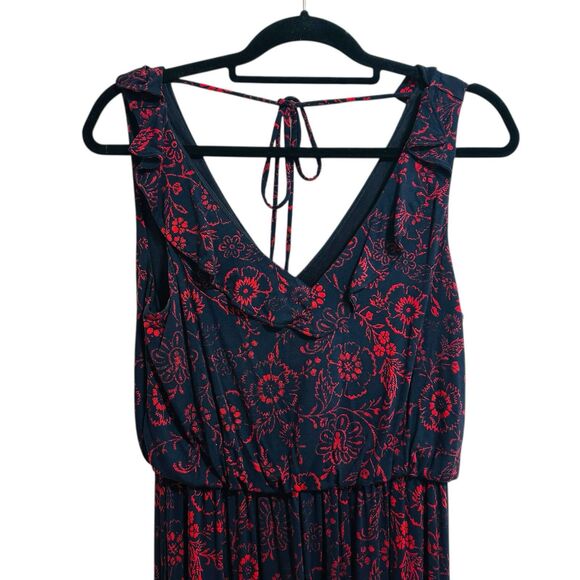 Ann Taylor Loft Ruffle Neck Dress Sz MP Navy Red Floral Tie Back Slit V-Neck - Picture 6 of 9